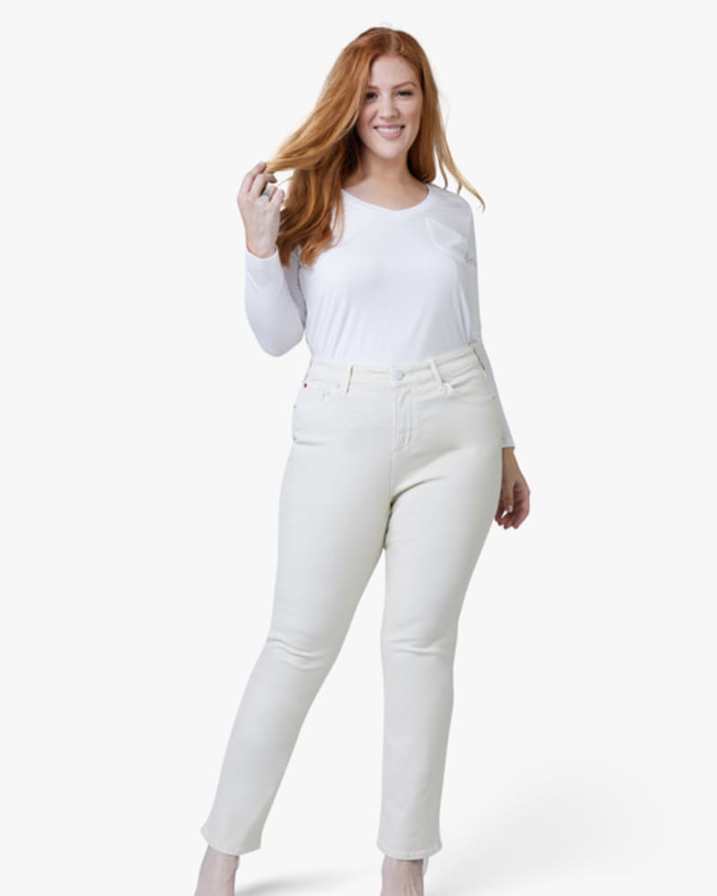 Front of a model wearing a size 12 Josephine High-Rise Jeans in CHAMPAGNE by Slink Jeans. | dia_product_style_image_id:256251